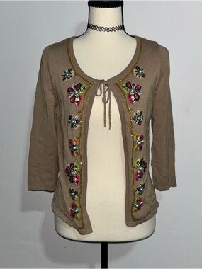Joseph A Taupe Embellished Tie-Front Cardigan with Multicolor Beads
